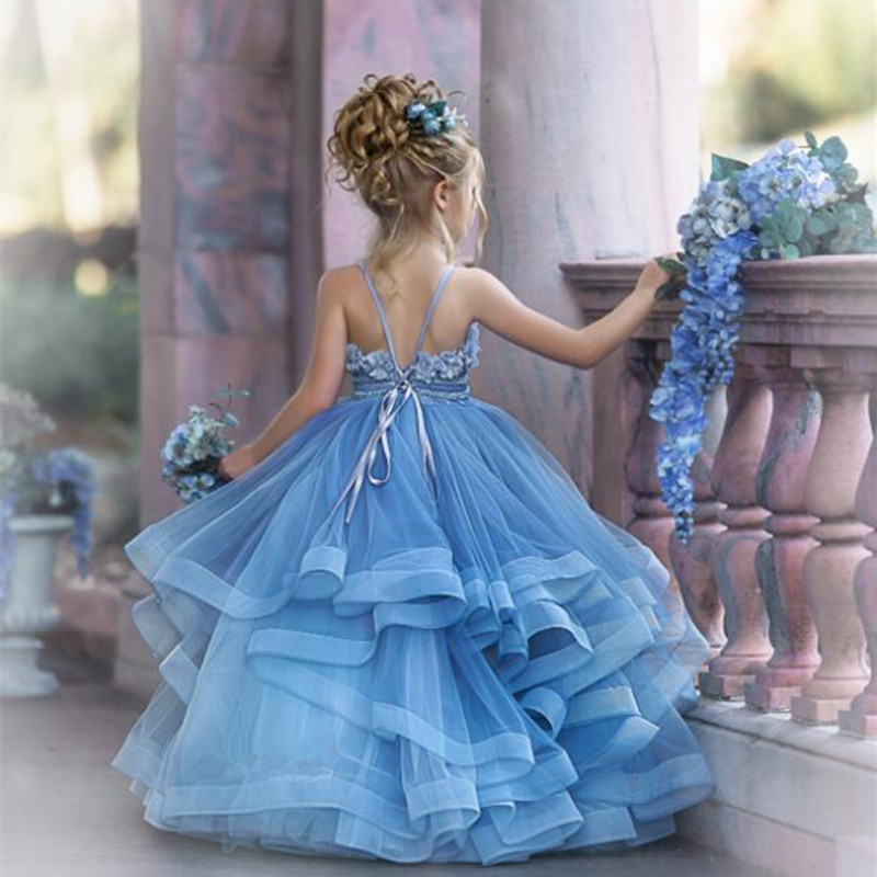 Dusty Blue Spaghetti Cute Girls Pageant Dresses With 3D Floral Appliques Tiered Ruffle Kids Formal Wear Wedding Party Flower Girl Dress Long First Com