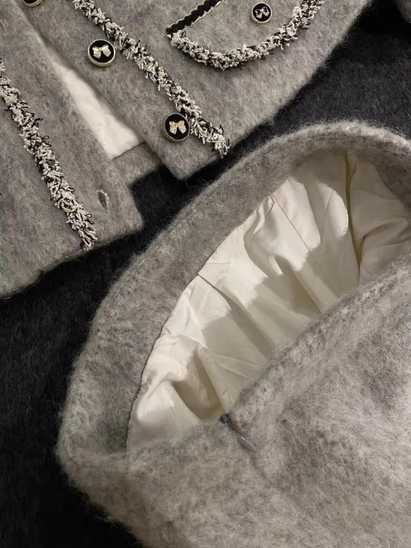 Thick Quilted Coats Blends Grey Wool Jacket Crop Top Winter Vintage Slim A Line Skirt s Two Peice Sets Bow Suit Y2k 231228