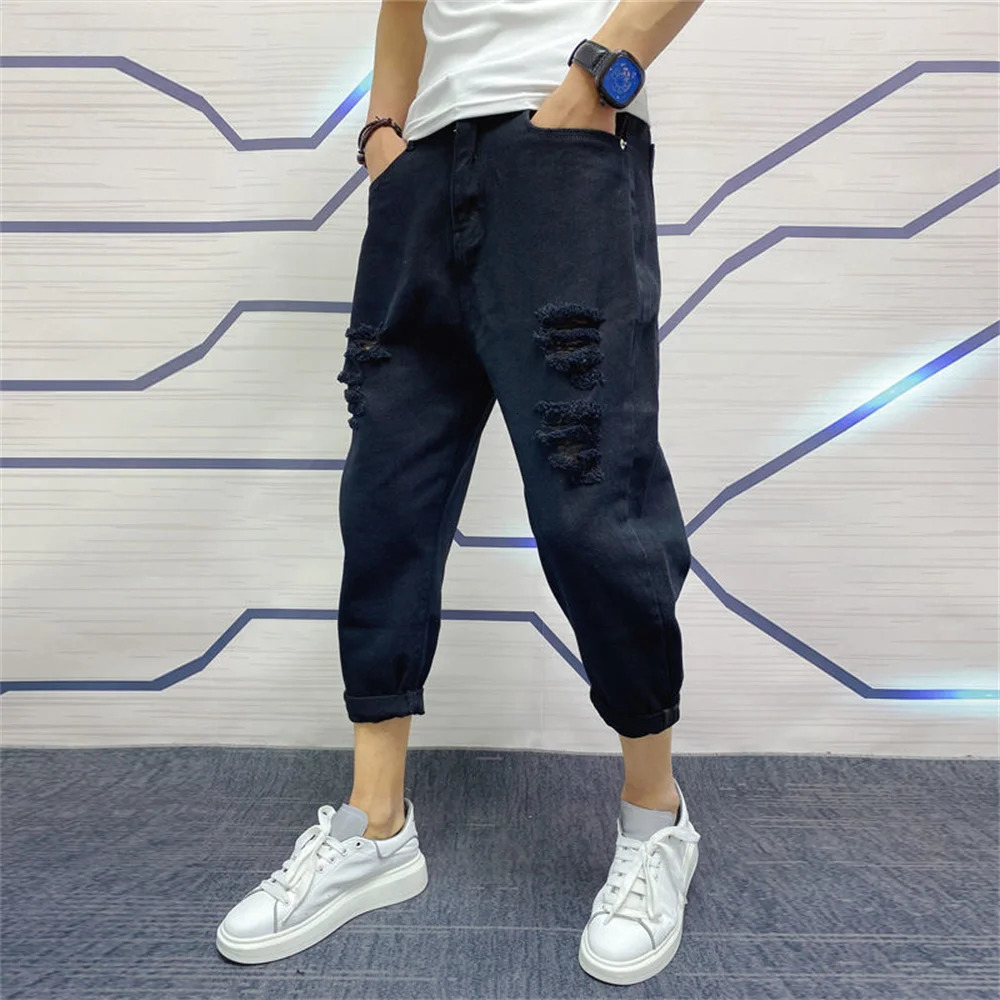 Japanese Trend Men's Ripped Hole Jeans White Green Black Ankle Length Youth Fashion Loose Denim Harem Cargo Pants 231228