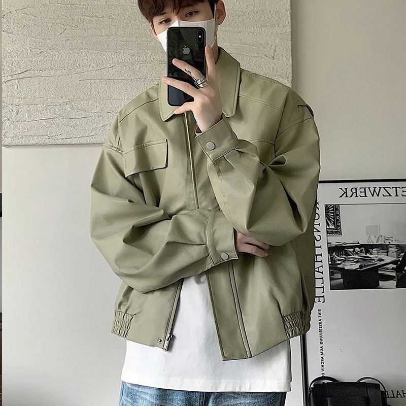 2023 Men's Casual Texture PU Leather Jacket High Street Zippers Turndown Collar Long Sleeve Retro Coat with Pocket Autumn 231227