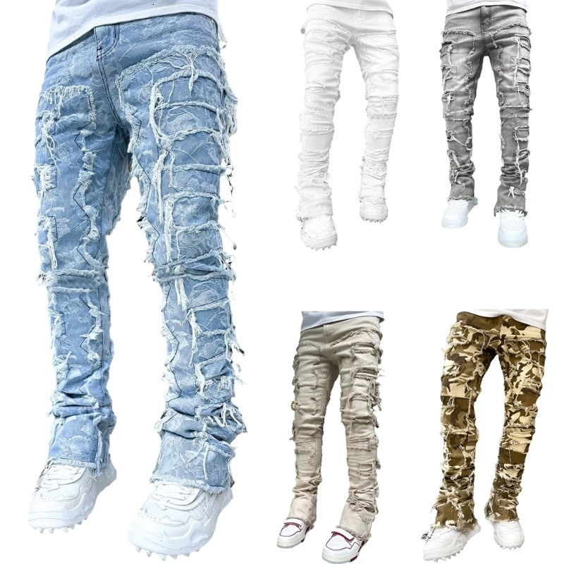 E15E Mens Stacked Jeans Fit Ripped Destroyed Straight Denims Pants Vintage Hip Hop Trouser Streetwear 231227