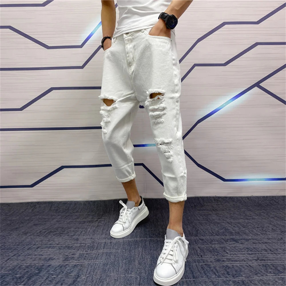 Japanese Trend Men's Ripped Hole Jeans White Green Black Ankle Length Youth Fashion Loose Denim Harem Cargo Pants 231228