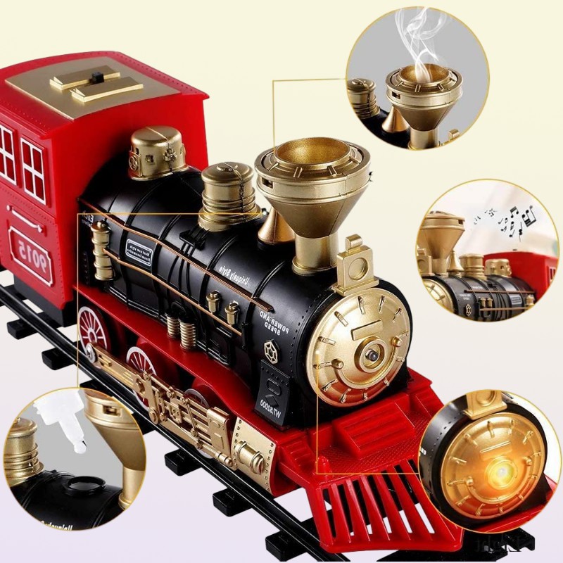 Engine Cargo Car and Long Tracks Electric Track Toy Train Set with Steam Locomotive Battery Operated Play Toys with Smoke Light So