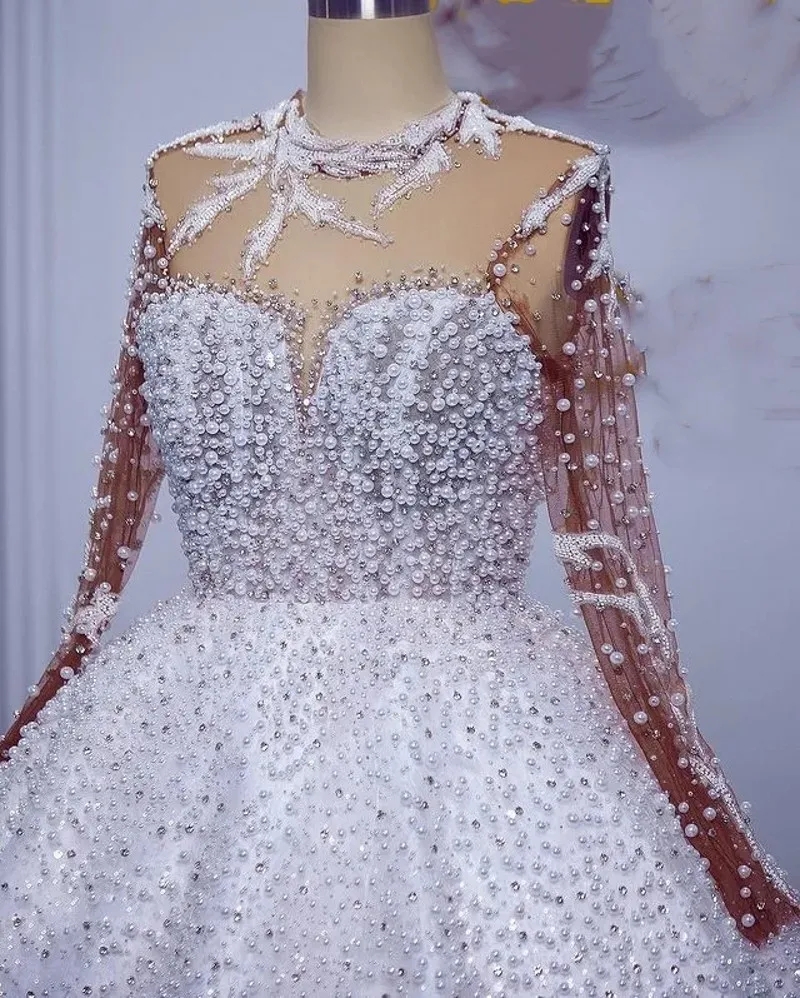 Arabic Aso Ebi Plus Size White Wedding Dress Sheer Beads Pearls Luxurious Long Sleeves Bridal Gowns Vestidos De Novia Robe Mariage