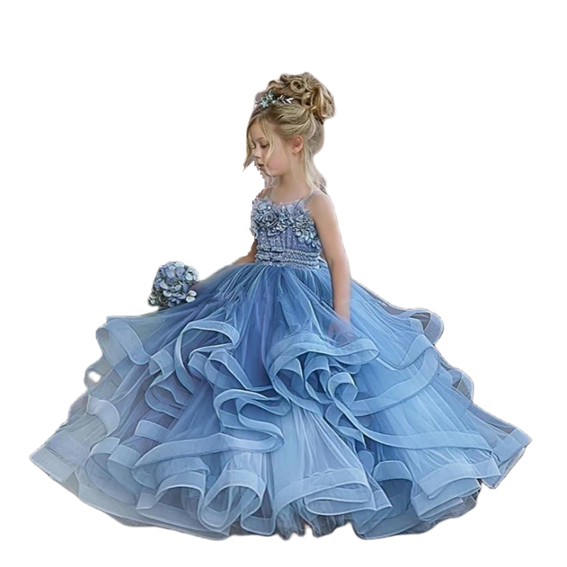 Dusty Blue Spaghetti Cute Girls Pageant Dresses With 3D Floral Appliques Tiered Ruffle Kids Formal Wear Wedding Party Flower Girl Dress Long First Com