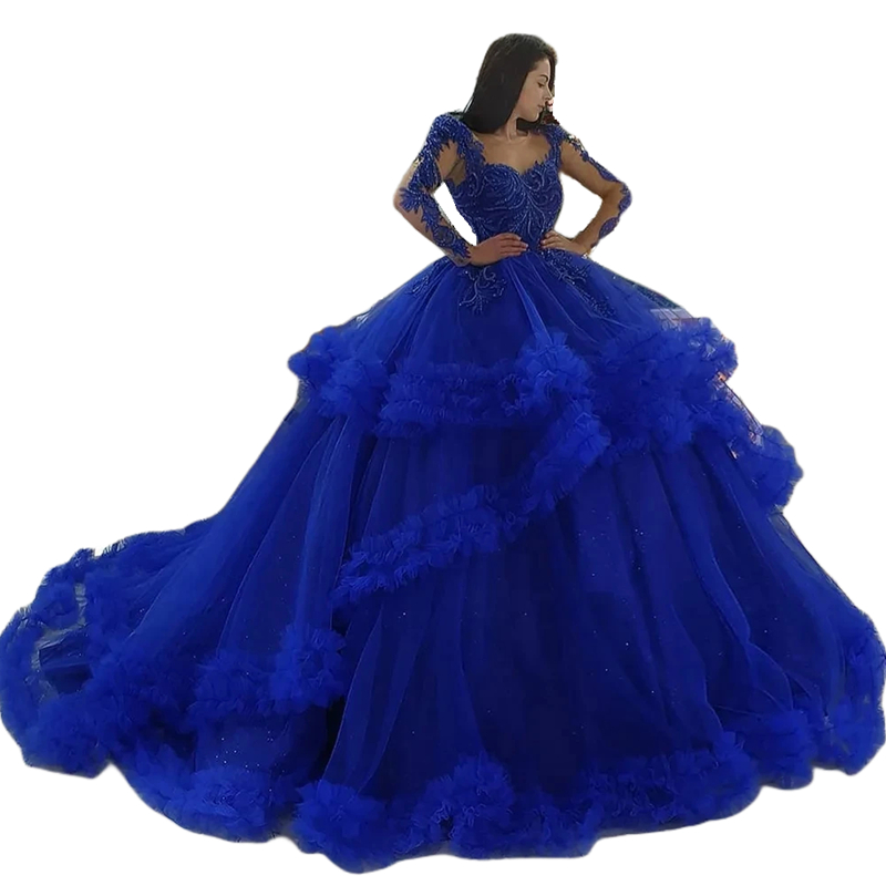 Princess Quinceanera Blue Royal Dresses Ruffles Tiered Long Sleeves Beading Lace Appliques Ball Gown Prom Special Ocn Dress For Sweet Birthday Party 6