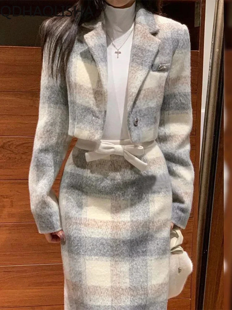 Sets for Women 2 Pieces Autumer Grey Plaid Woolen Lapel Collar Long Sleeve Half Skirt Set Elegant Sweet Temperament Casual Suit 231228