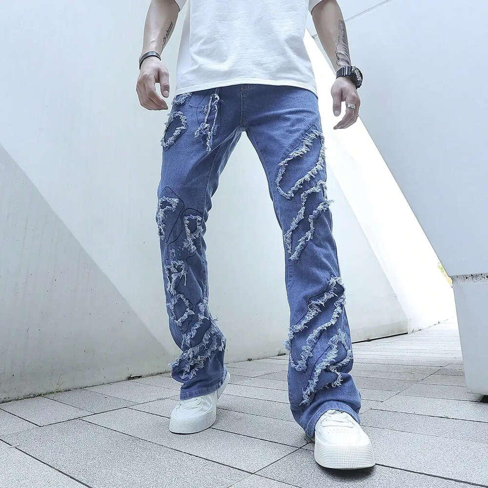 Bell-bottom Jeans Fashion Vintage Frayed Patchwork Color Block Denim Pants Men Casual Trousers Ripped Bottoms