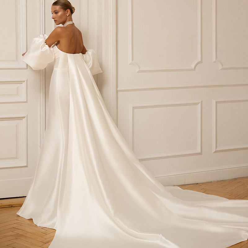 Ivory Mermaid Wedding Dresses with Cowl Backs Sweetheart Ruched Short Sleeve Church Wedding Gown Satin Detachable Train Bridal Dress