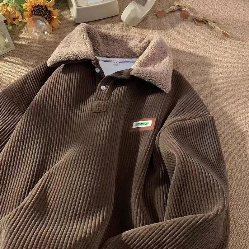 2023 Autumn and Winter Men Women Personalized Retro Corduroy Polo Coat American Street Couple Casual Top harajuku y2k 231228