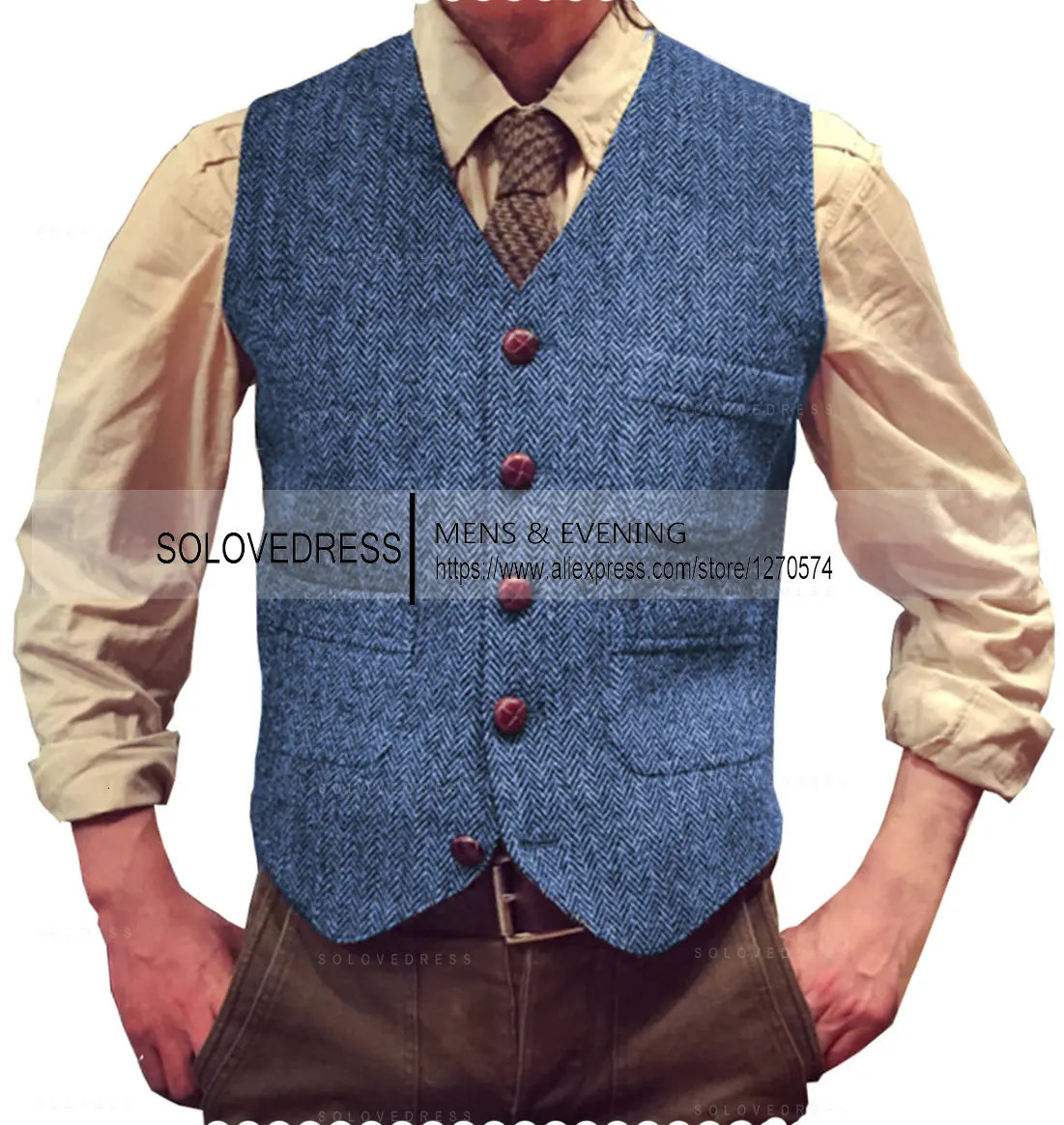 V Neck Men's Suits Vest Herringbone Tweed Formal Business Waistcoat For Men Wedding 231227