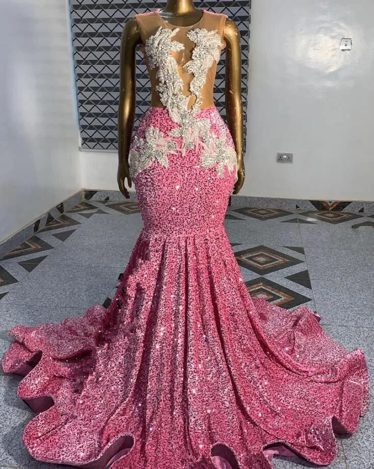 Pink Long Veet Evening Formal Dress For Women Sparkly Dia Beaded Sheer Mesh Black Girl Prom Gala Gown Lz0304