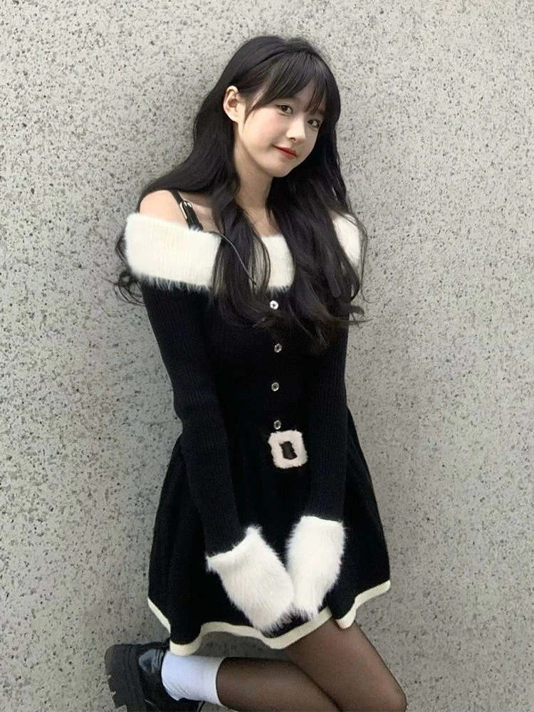 Autumn Elegant Knitted Short Party Dress Women Casual Long Sleeve Sweet Slim Black Mini Dress Dress Korean 231228