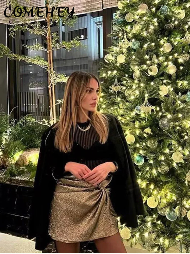 Vintage Shiny Mini Skirt For Women Irregular Bow Party 2024 Solid Skirts Female Chic Package Hip Sparkling Short Trouser skirts 231228