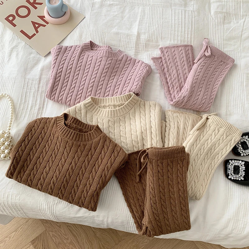 Autumn Spring Korean Style Kids Knitted Clothing Set Long Sleeved Solid Color Pullover Pants Baby Girl Clothes Suit 231228