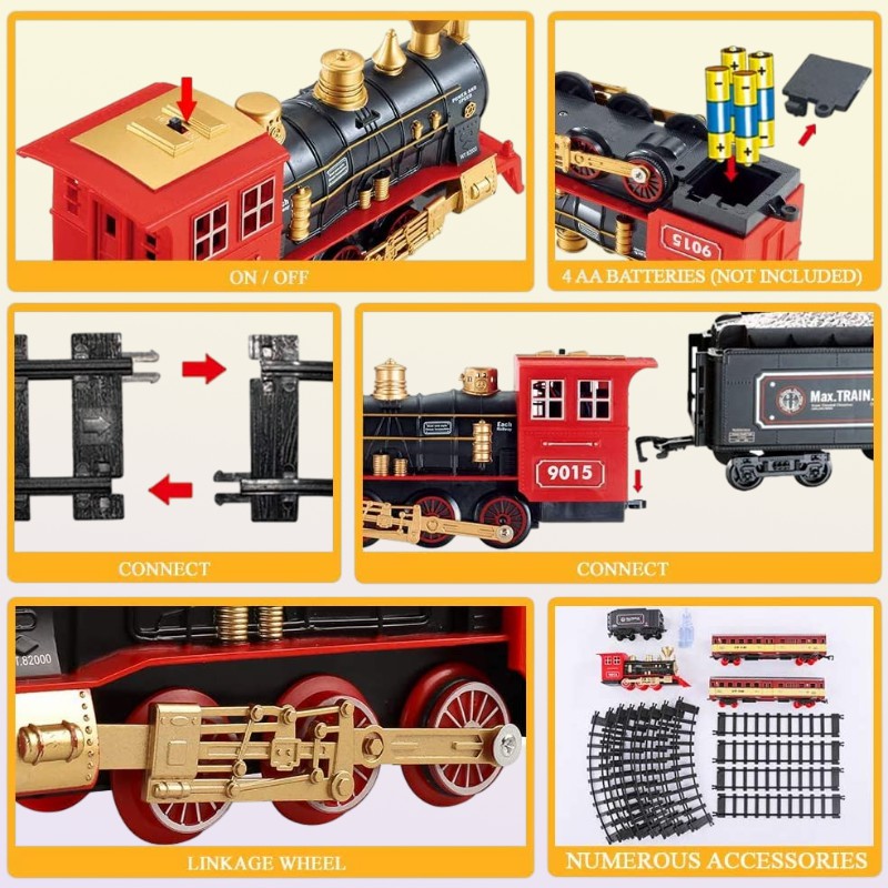 Engine Cargo Car and Long Tracks Electric Track Toy Train Set with Steam Locomotive Battery Operated Play Toys with Smoke Light So