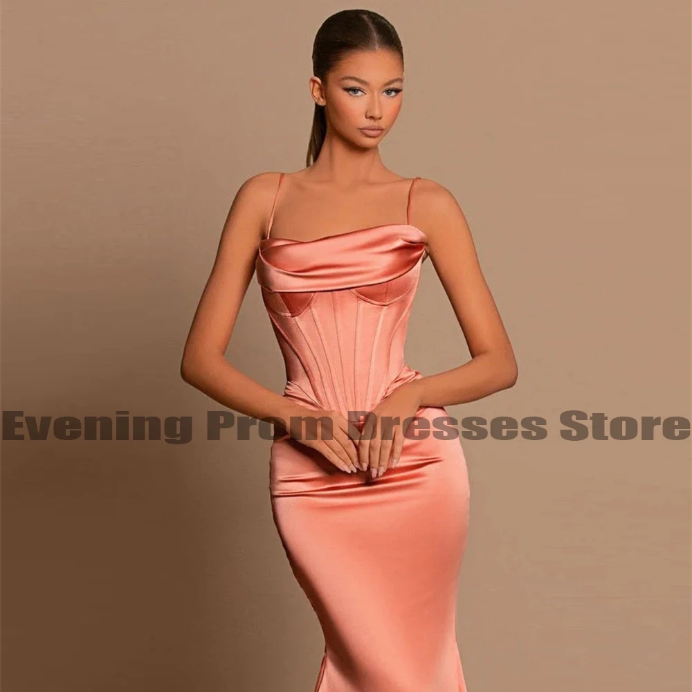Dusty Pink Mermaid Bridesmaid Dresses Satin Pleated Sexy Spaghetti Straps Sleeveless Women Occasion Evening Prom Gowns Formal Beach Party Simple Robe