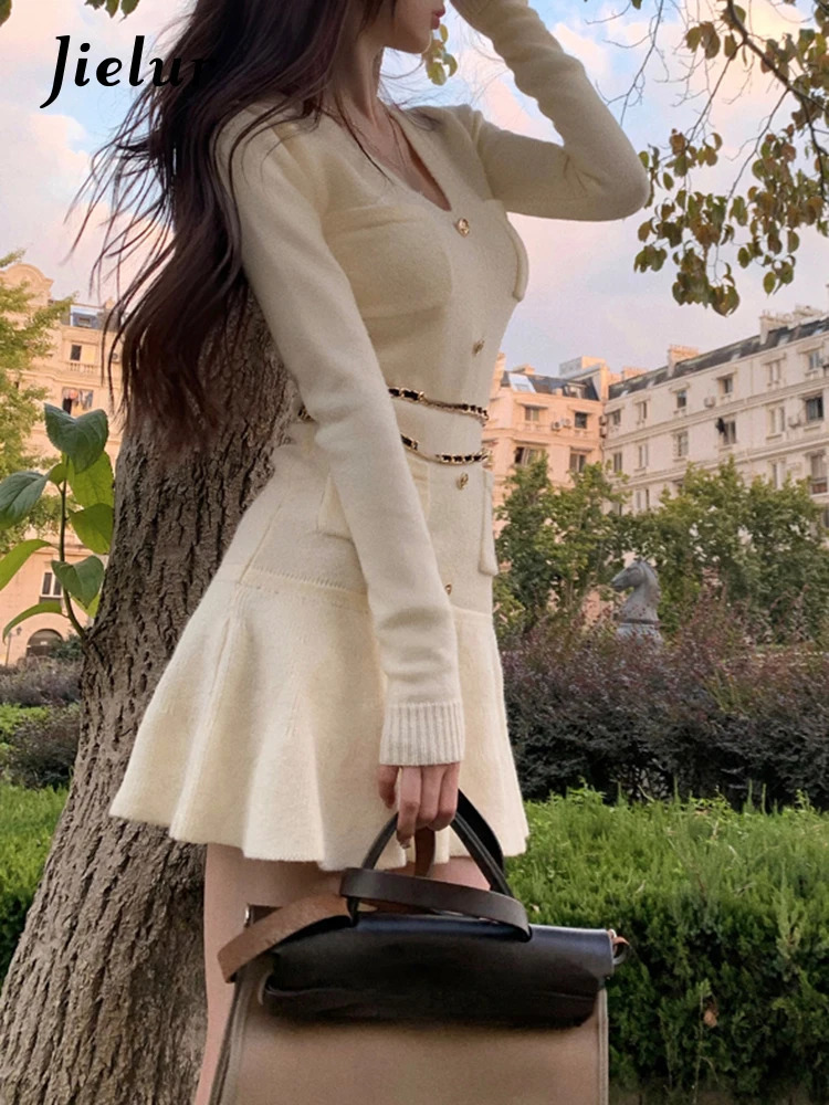 Jielur Casual Autumn White Knitted Sweater Mini Dress Women Black Elegant Lady Dresses Fashion Party Pure Color Dress 231228