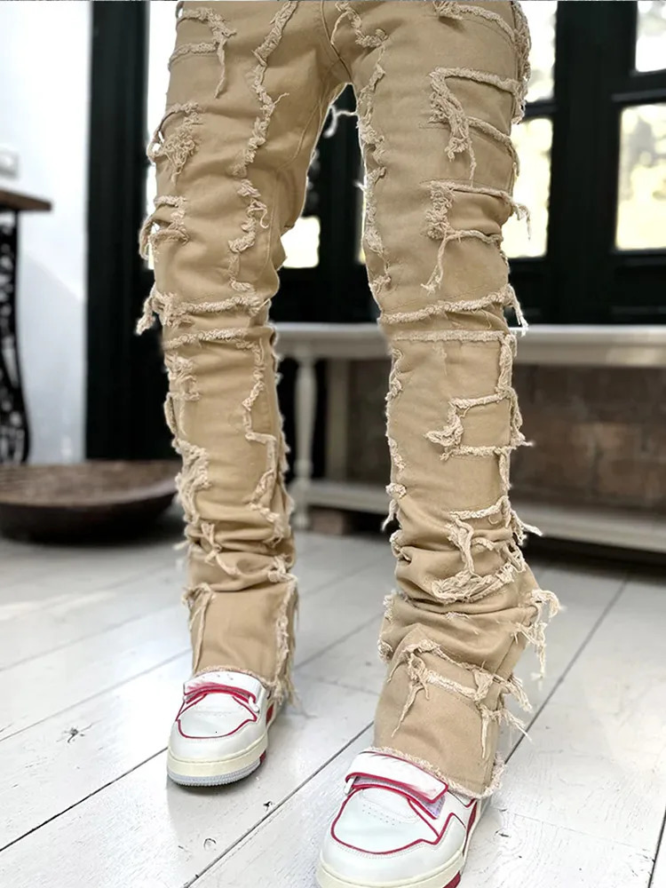 Streetwise Stretch Patch Jeans For Men Bottom Baggy Men s Clothing Summer Solid Fashion Mid Waist Patchwork Long Pants Male 231228