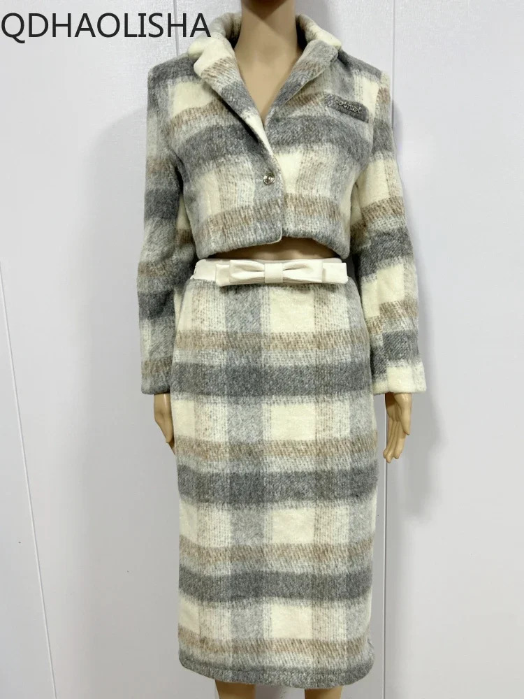 Sets for Women 2 Pieces Autumer Grey Plaid Woolen Lapel Collar Long Sleeve Half Skirt Set Elegant Sweet Temperament Casual Suit 231228