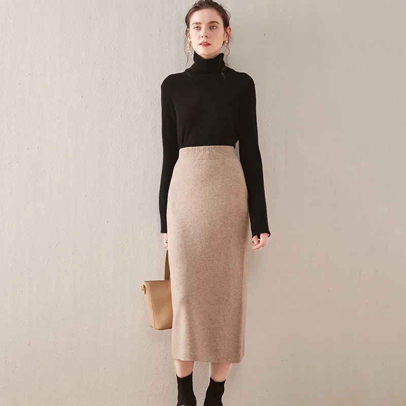 Korean Winter Cashmere Knitted long skirts for women y2k fashion Mid-Length High Waist A-line Skirts Female Wool Bottoms 231228