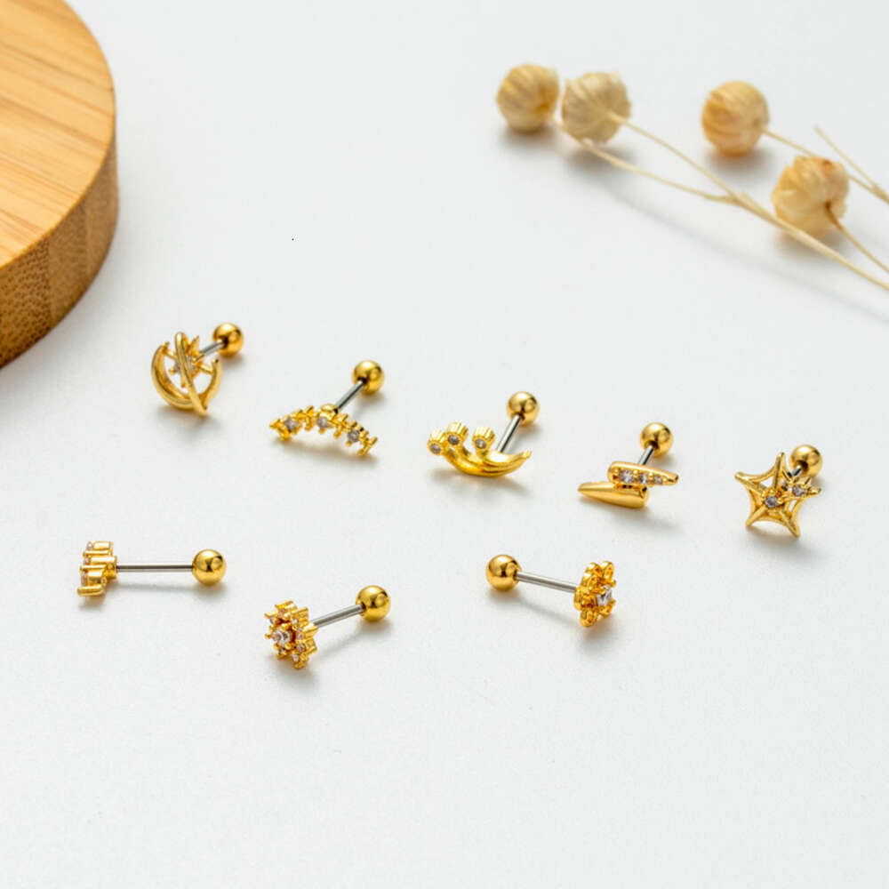 Surgical Stainless Steel Ball Screw Studs Earring Ear Ring New Thin Rod Double Screw Cubic Zirconia Small Flower Studs Cartilage Piercing Body Jewelry
