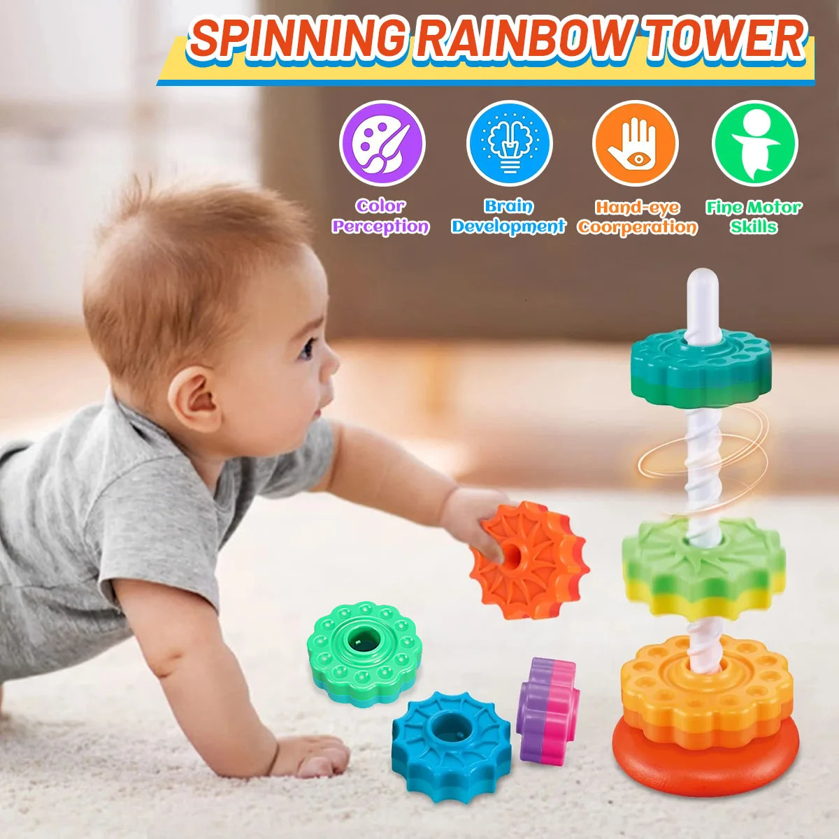 Montessori Rotating Rainbow Tower Baby Stacking Puzzle Toys Safety and Environmental Protection Colored Children s 231228