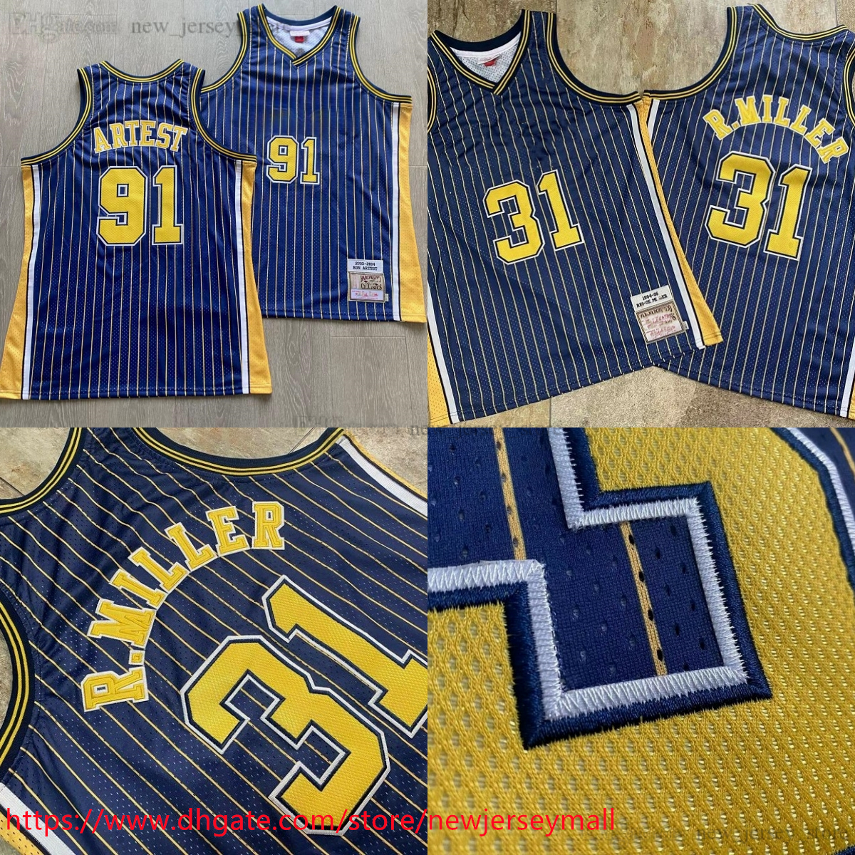 Authentic Embroidery Throwback 1994-95 Basketball Reggie 31 Miller Jersey Blue Stripe 2003-04 Real Stitched 91 Ron Artest Jerseys Breathable Sport Shirt