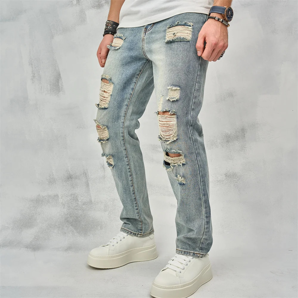 Streetwear Men Simple Loose Ripped Straight Jeans Pants Stylish Male Holes Casual Denim Trousers 231227
