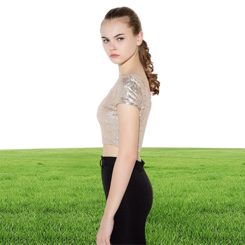 Sparkling Sequins Crop Top for Women Scoop Neck Short Sleeve T Shirts Slim Fit Short Tees Sexy Night Out Clothing