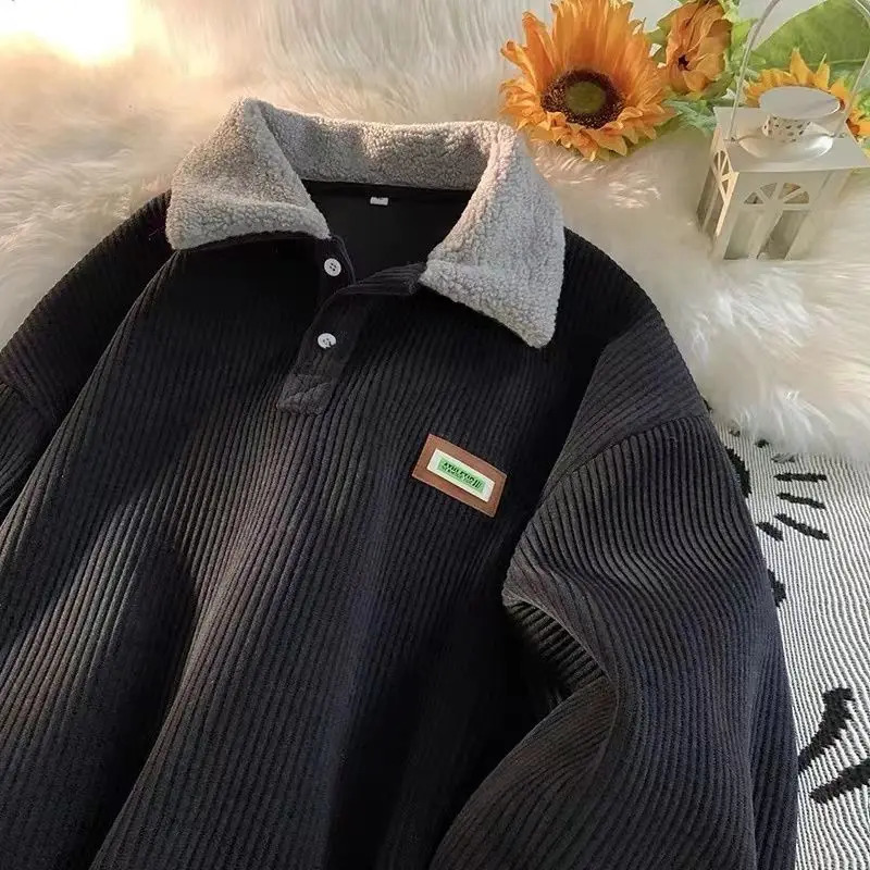 2023 Autumn and Winter Men Women Personalized Retro Corduroy Polo Coat American Street Couple Casual Top harajuku y2k 231228