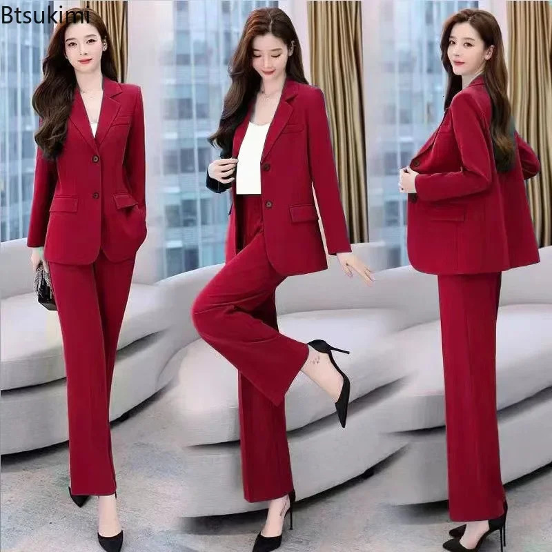 2024 Women's Formal Office Pants Sets 2PCS Solid Single Breasted Pocket Blazer Jacket and Elegant Ladies' Suit 231227
