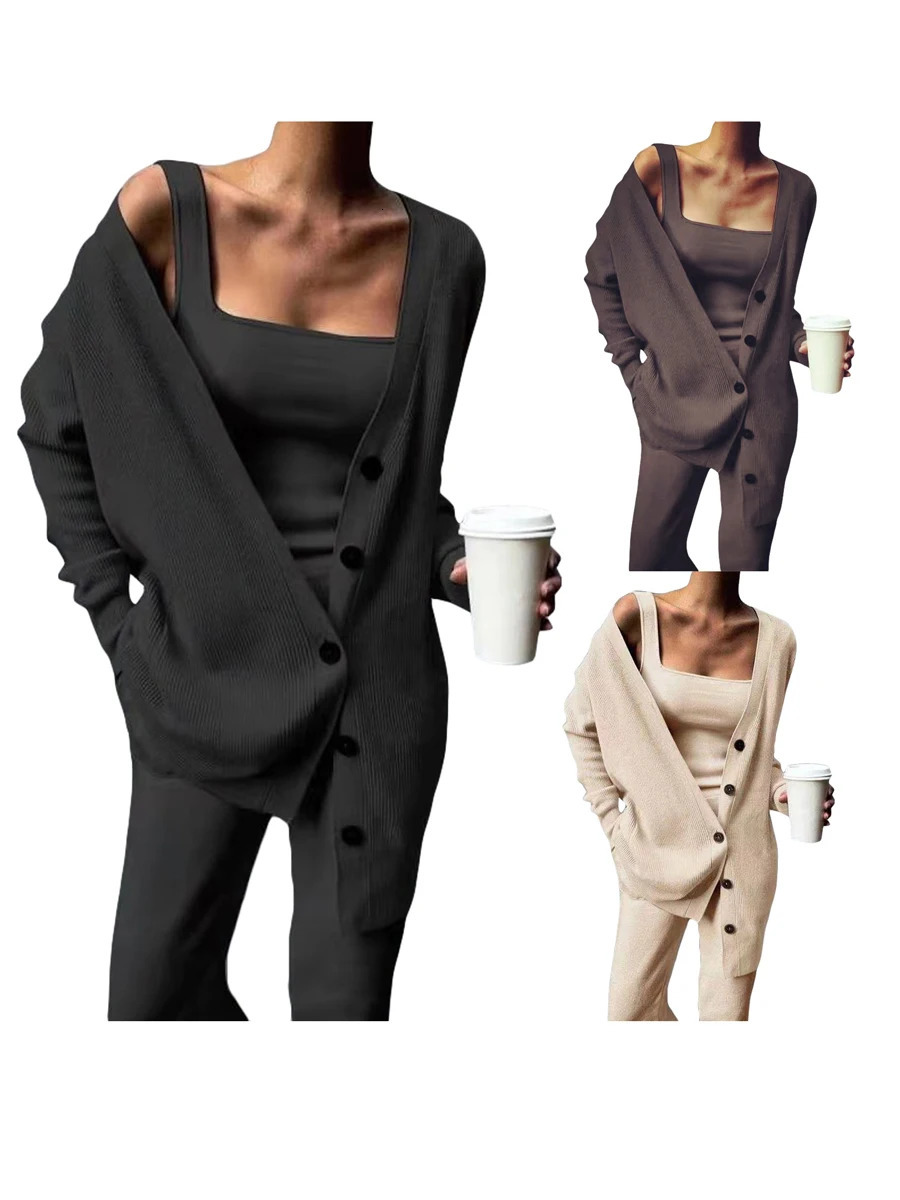 Scriardv Women Autumn Loose Three Piece Outfits Fitted Cami Tops Long Pants V Neck Button Cardigan Loungewear Sets Black M 231227