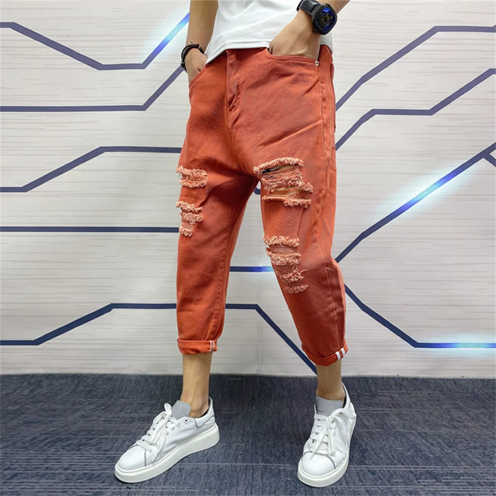 Japanese Trend Men's Ripped Hole Jeans White Green Black Ankle Length Youth Fashion Loose Denim Harem Cargo Pants 231228