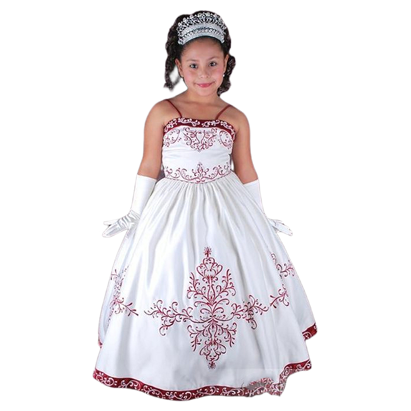 Embroidery Classic Flower Girls Dresses White And Burgundy A Line Spaghetti Long Wedding Party Gowns Sleeveless Summer Kids Formal Wear 2024