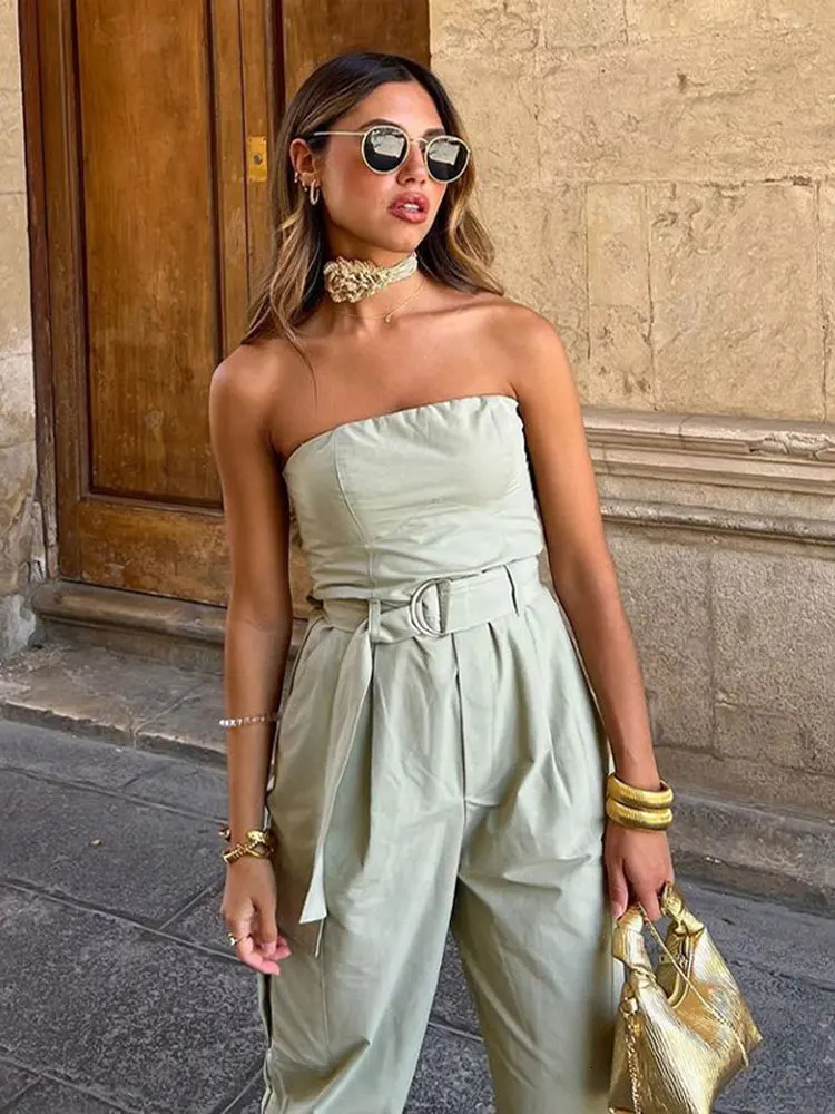 Sexy Strapless Jumpsuits With Belt For Women Causal Solid Sleeveless Wrapped Chest Summer Fashion Jumpsuit Full Cargo Pants 231227
