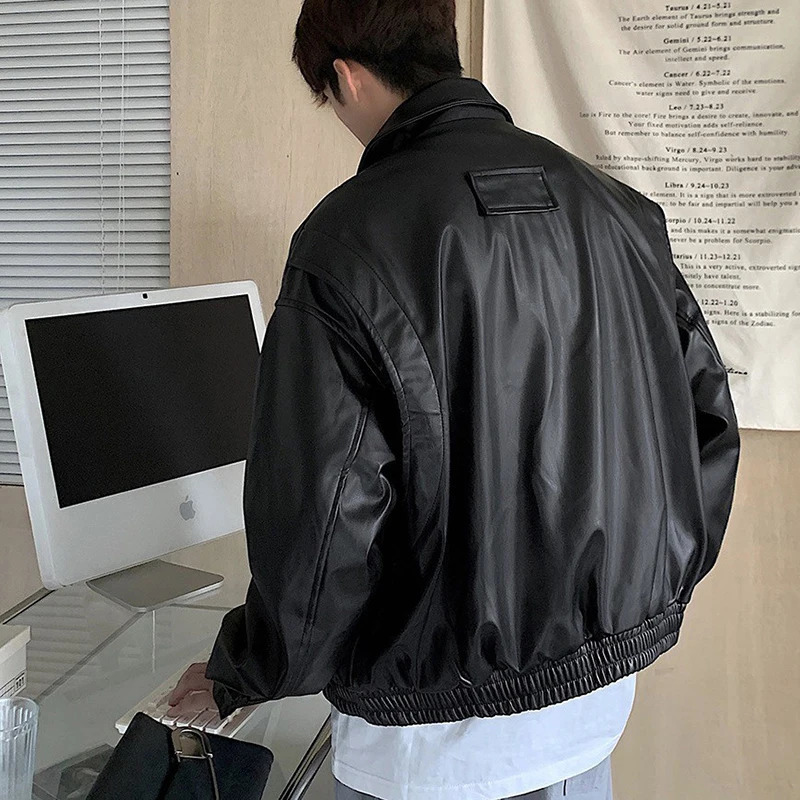 2023 Men's Casual Texture PU Leather Jacket High Street Zippers Turndown Collar Long Sleeve Retro Coat with Pocket Autumn 231227