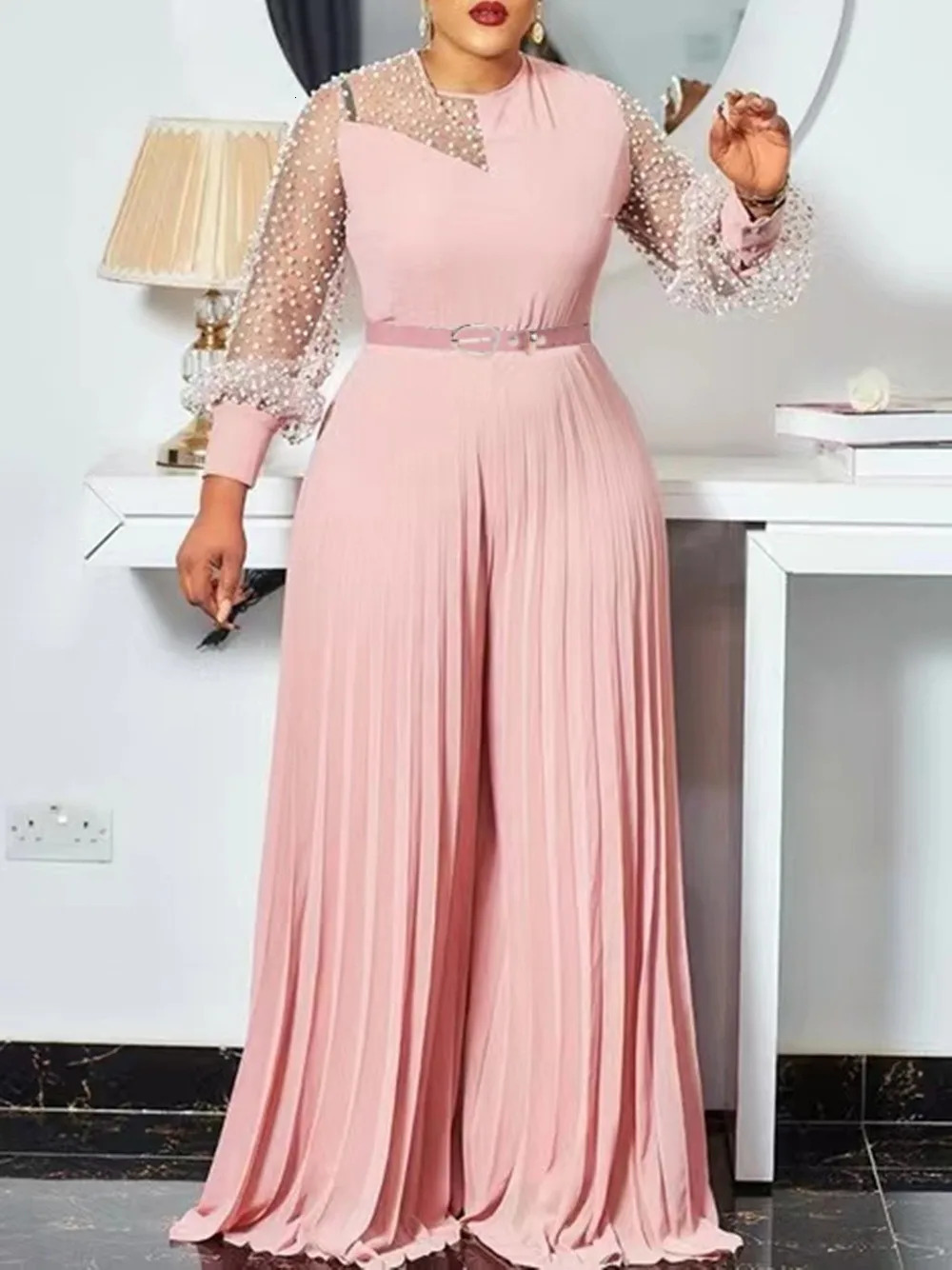 S-5xl Fall Outfits Women Pink Fashion Plus Size Jumpsuit Slim Pleated Long Sleeve Rompers Elegant Clothes Wholesale Drop 231227