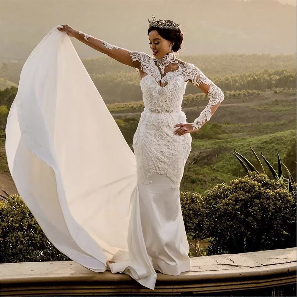 2024 Mermaid Wedding Dresses Bridal Gown Long Sleeves High Neck Luxury Crystals Beaded Lace Applique Boho Vestido de novia Custom Made Plus Size