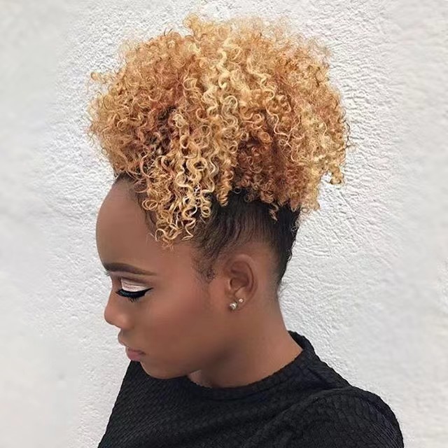 Honey blonde kinky curly pony tail hair piece puff afro bun drawstring clip ins raw virgin brazilian hair extension hairpiece blond clip in ponytail c