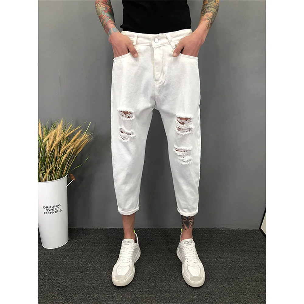 Japanese Trend Men's Ripped Hole Jeans White Green Black Ankle Length Youth Fashion Loose Denim Harem Cargo Pants 231228