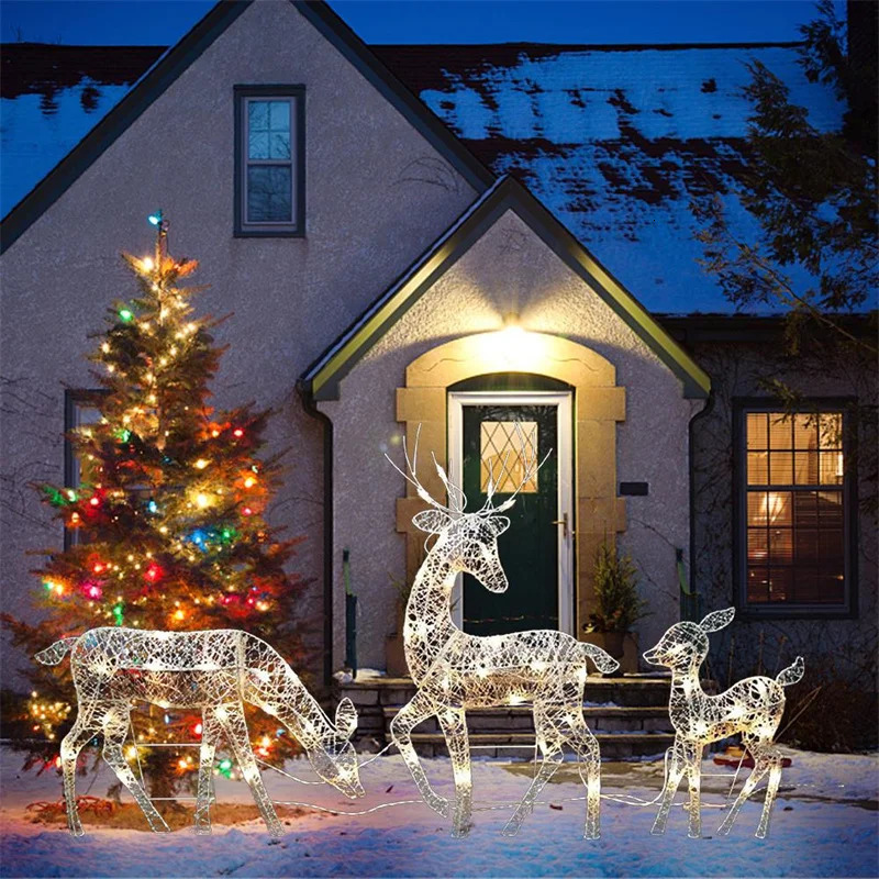 3pcs Iron Art Elk Deer Christmas Garden Decoration With LED Light Glowing Glitter Reindeer Xmas Home Outdoor Yard Decor y231227