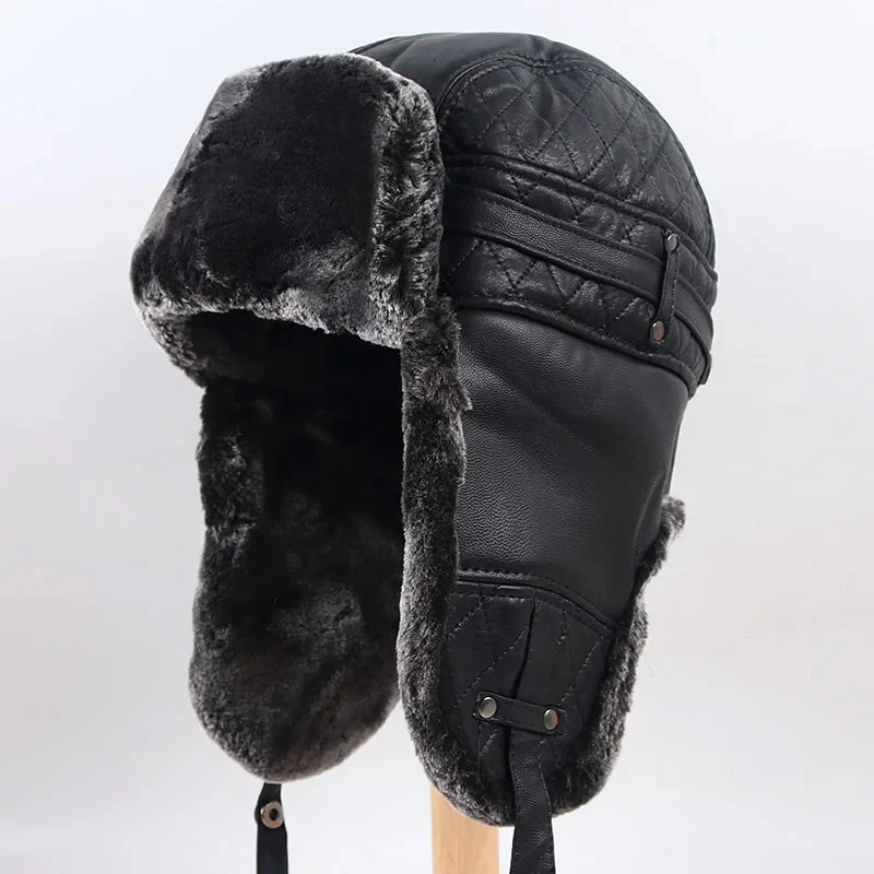 Winter Bomber Hat Men Leather Ear flap Warm Snow Ushanka Hats Dad Russia Soviet Faux Fur Caps aviation Gorro Ruso Hombre 231228