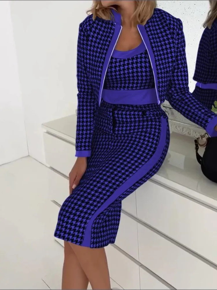 Spring Autumn Jacket Camis Dress Set Office Lady Long Sleeve Outerwear Print Three Piece Women Outfit 2023 231228