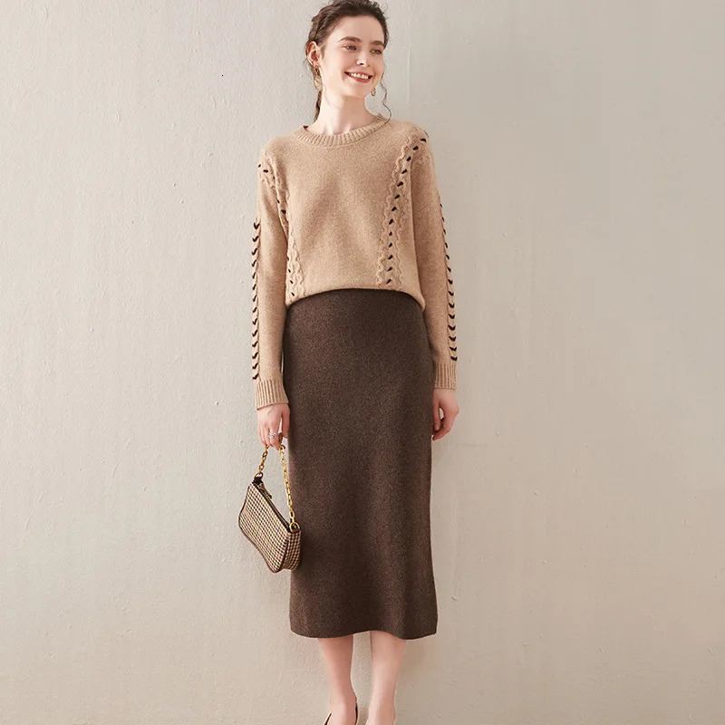 Korean Winter Cashmere Knitted long skirts for women y2k fashion Mid-Length High Waist A-line Skirts Female Wool Bottoms 231228