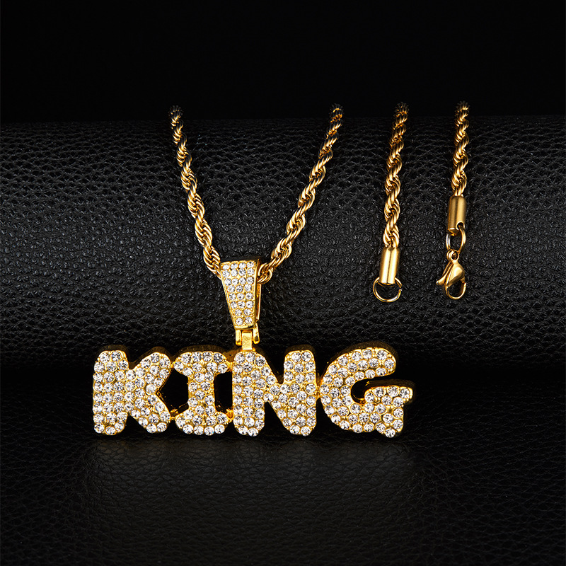 Pendant Necklaces Men Women Hip Hop KING Letter Iced Out Crystal Miami Cuban Link Stainless steel Fried Dough Twists Tennis Diamond Chain Choker Jewel