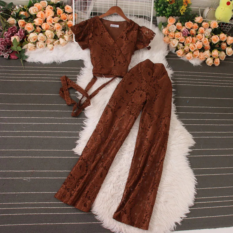Women's VNeck Ruffled Lace Stitching Tie Waist Short Top and High Elastic Trousers Set Summer Fashion 2 Pcs 231227