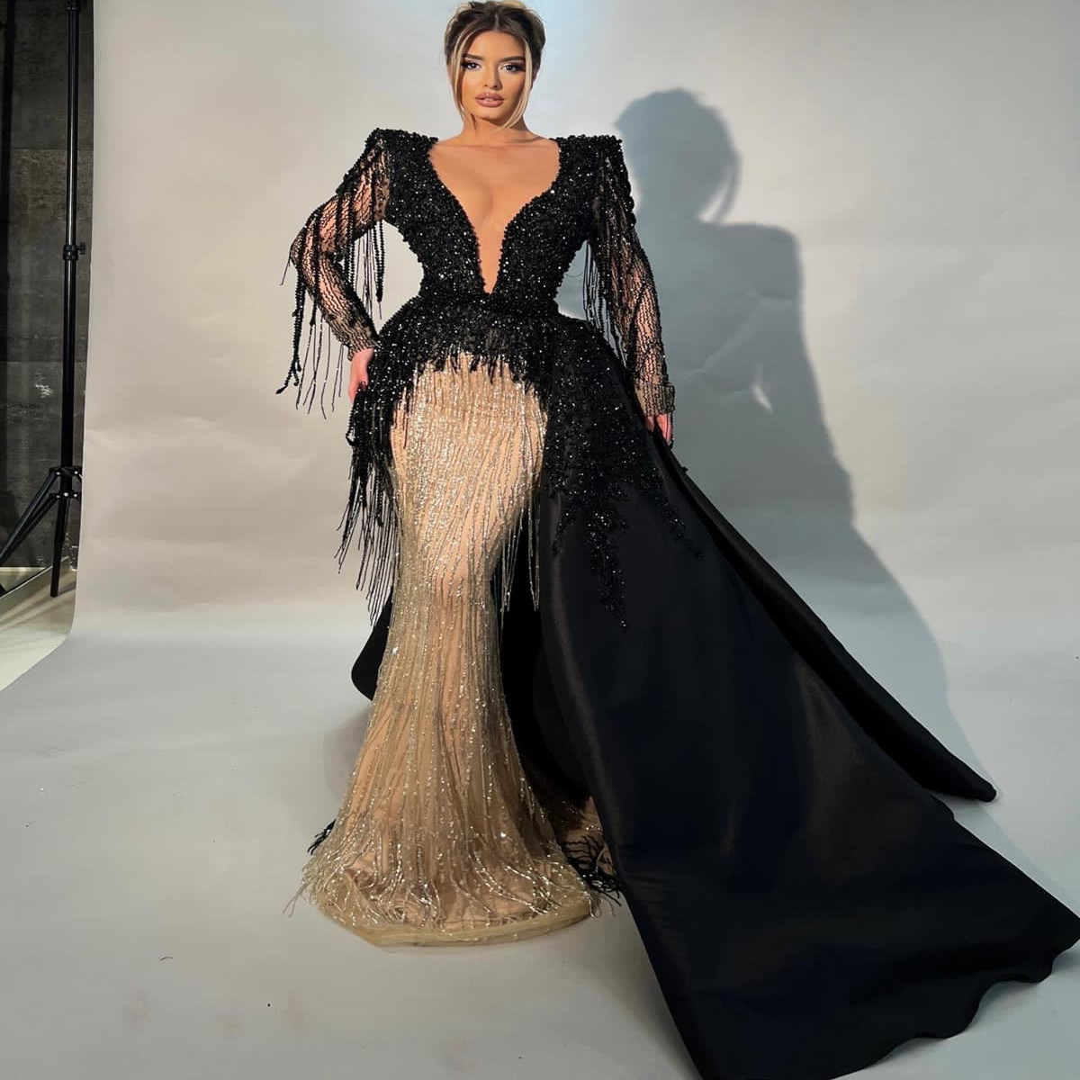 Aso Ebi 2024 Black Champagne Mermaid Prom Dress Crystals Beadings Evening Formal Party Second Reception Birthday Engagement Gowns Dresses Robe De Soir