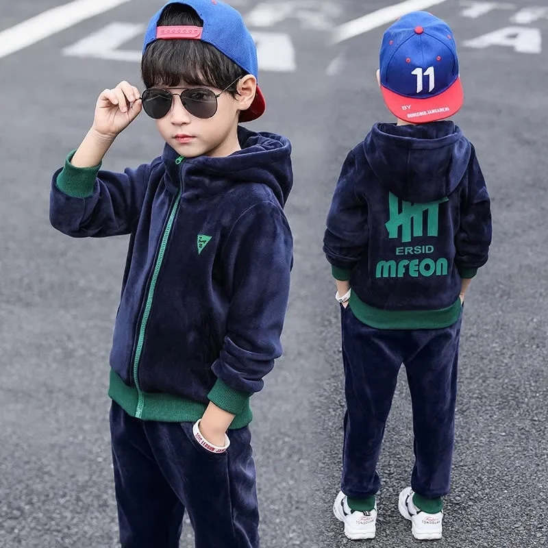 Children Clothing Set Double sided Velvet Fashion Letter Hooded 2PCS Hoodies Coat Pants Kids Boys Tracksuit for Autumn Winter 231228
