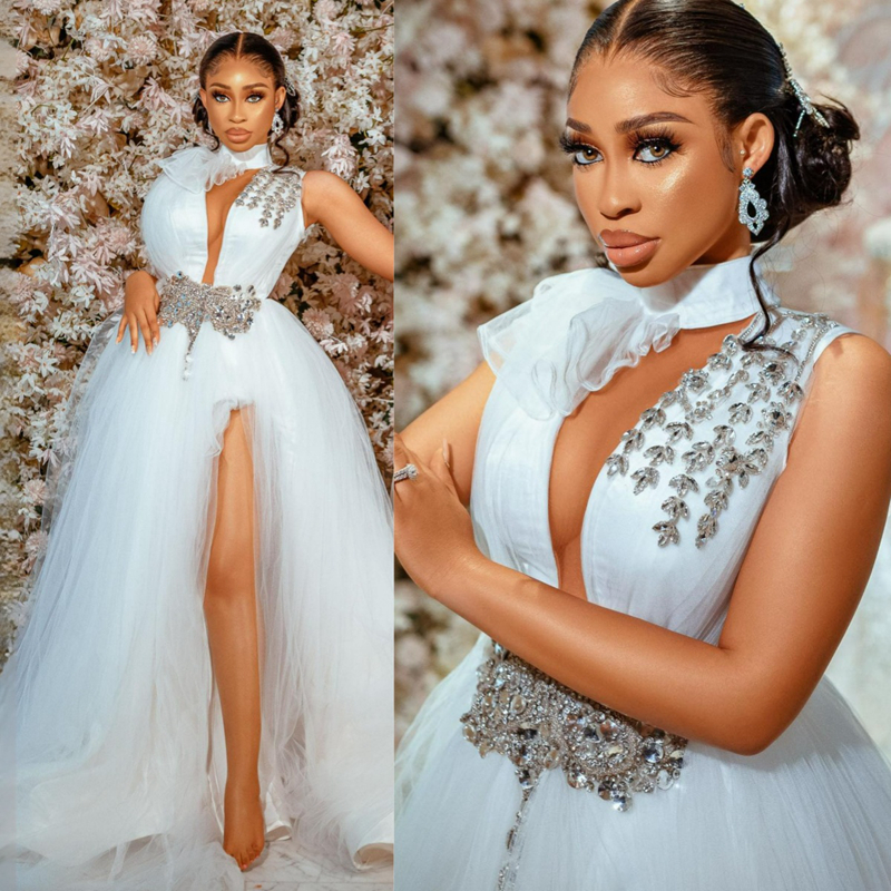 Country Wedding Dresses for Bride Halter Crystals Beaded Tulle Bridal Gowns for African Arabic Black Women Girls Tulle High Split Sexy Marriage Dress 